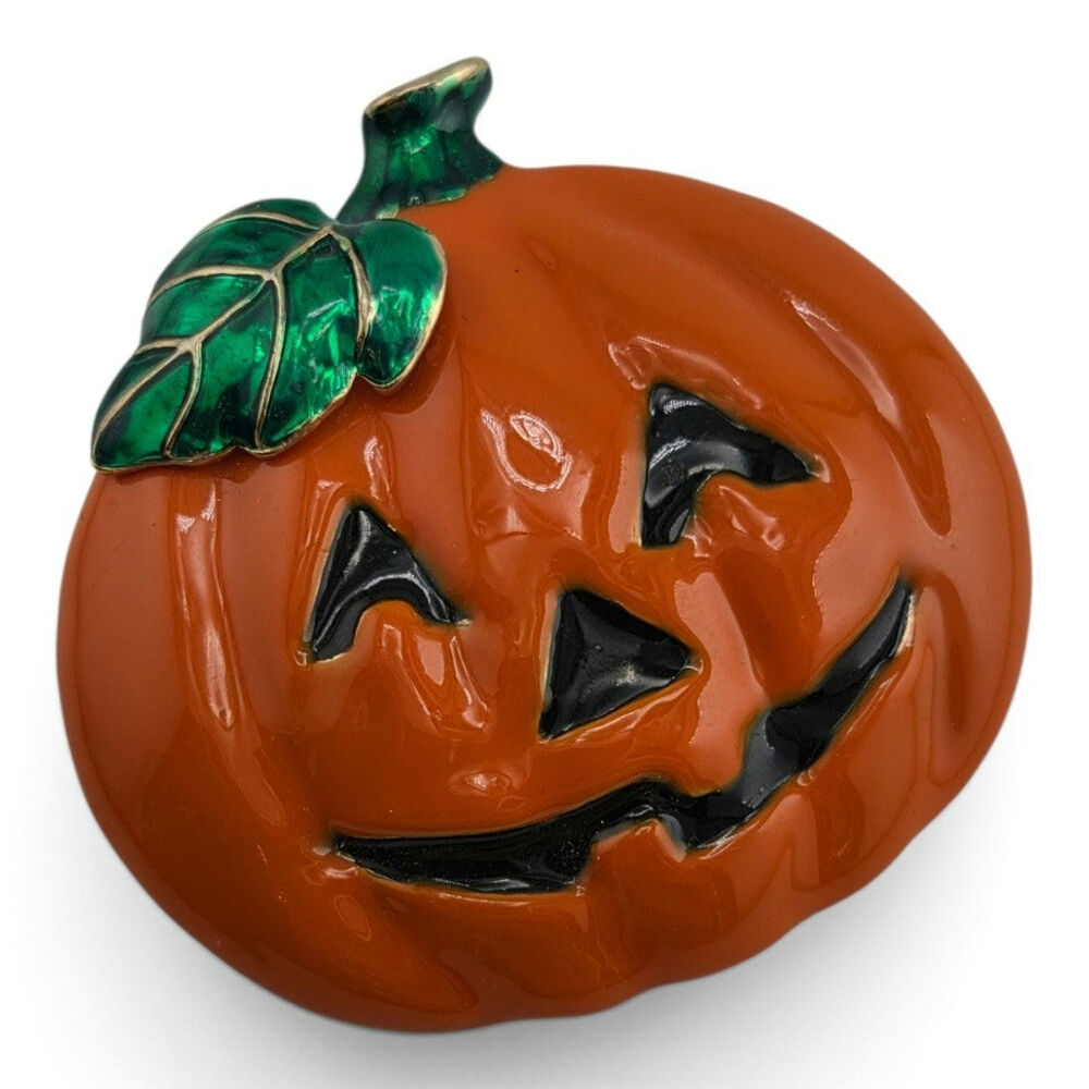 Vintage Rucinni Halloween Jack O Lantern Pumpkin Enamel Brooch Pendant Pin